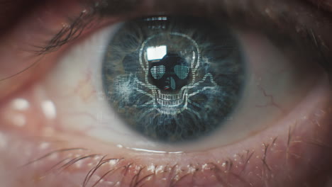 primer plano de un iris ocular con un ícono de calavera que falla: animación en 3d