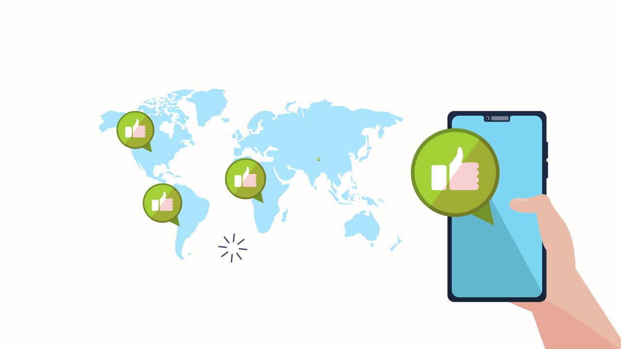 mano usando el teléfono inteligente con animación de marketing de redes sociales