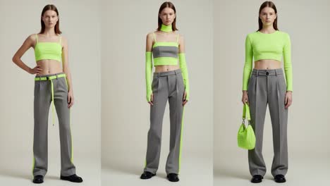 a dynamic fashion showcase of modern streetwear: stylish outfits featuring vibrant neon accents and trendy gray trousers in various poses