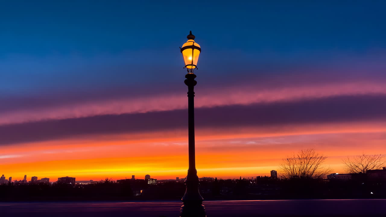 Street Lamp Against a Vibrant Sunset Cityscape