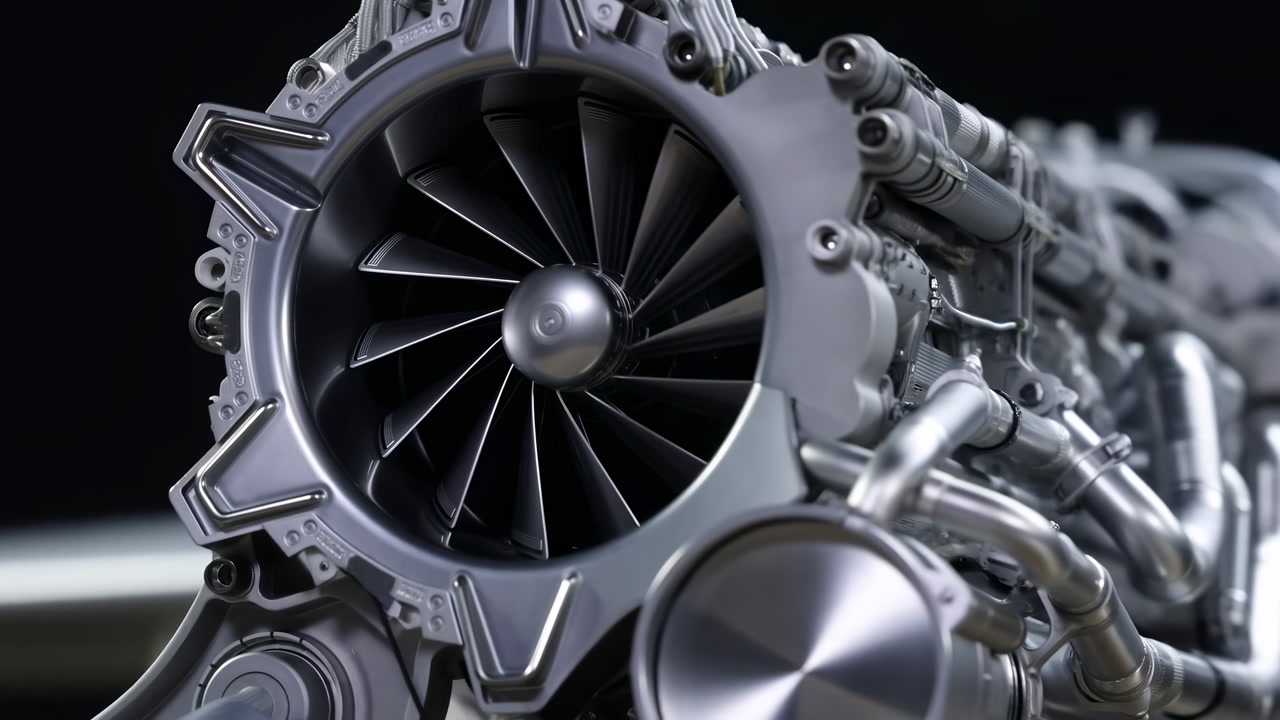 Closeup Jet Engine Turbine Front View Showing Metallic Compressor And Rotor Blades, Polished Casing