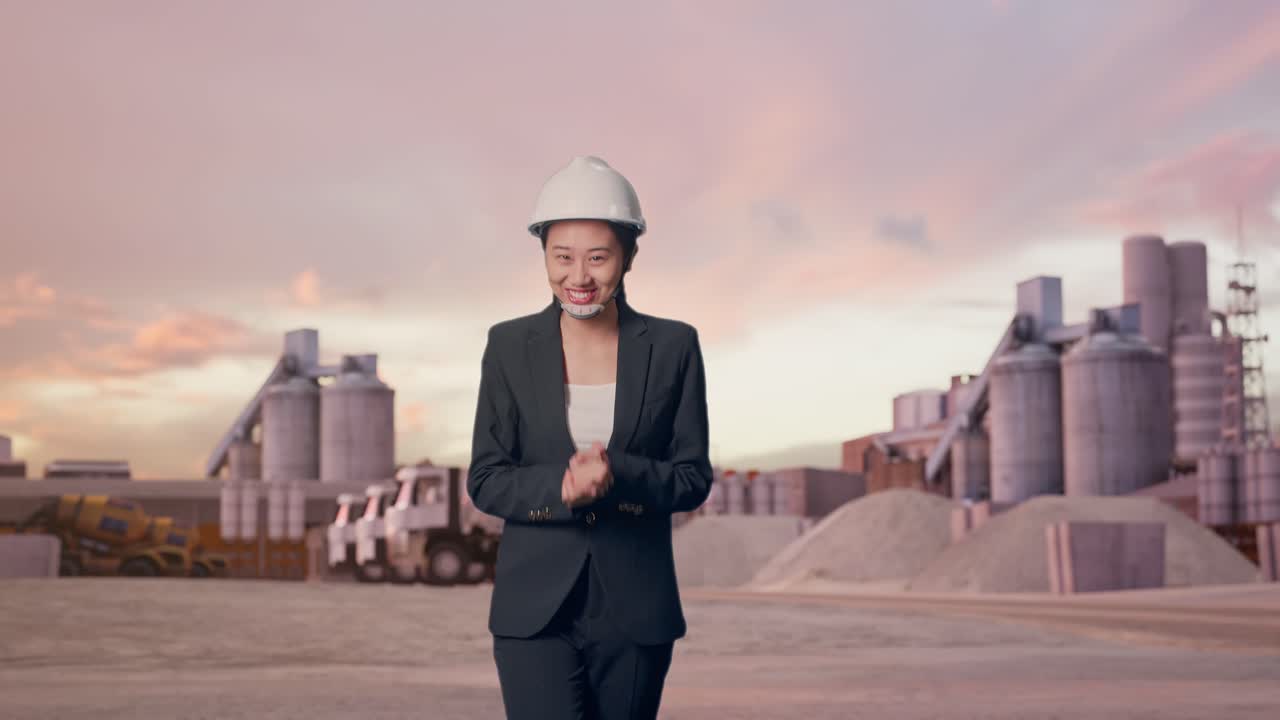 Vista frontal de una empresaria asiática caminando y dando un discurso en una planta de cemento industrial con el atardecer