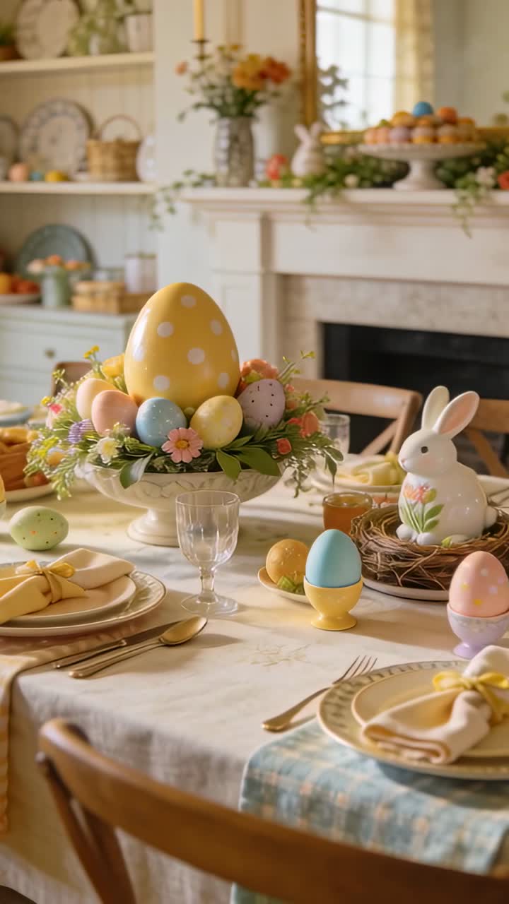 Vertical video: Panning camera across dining room table revealing yellow polka egg for Easter