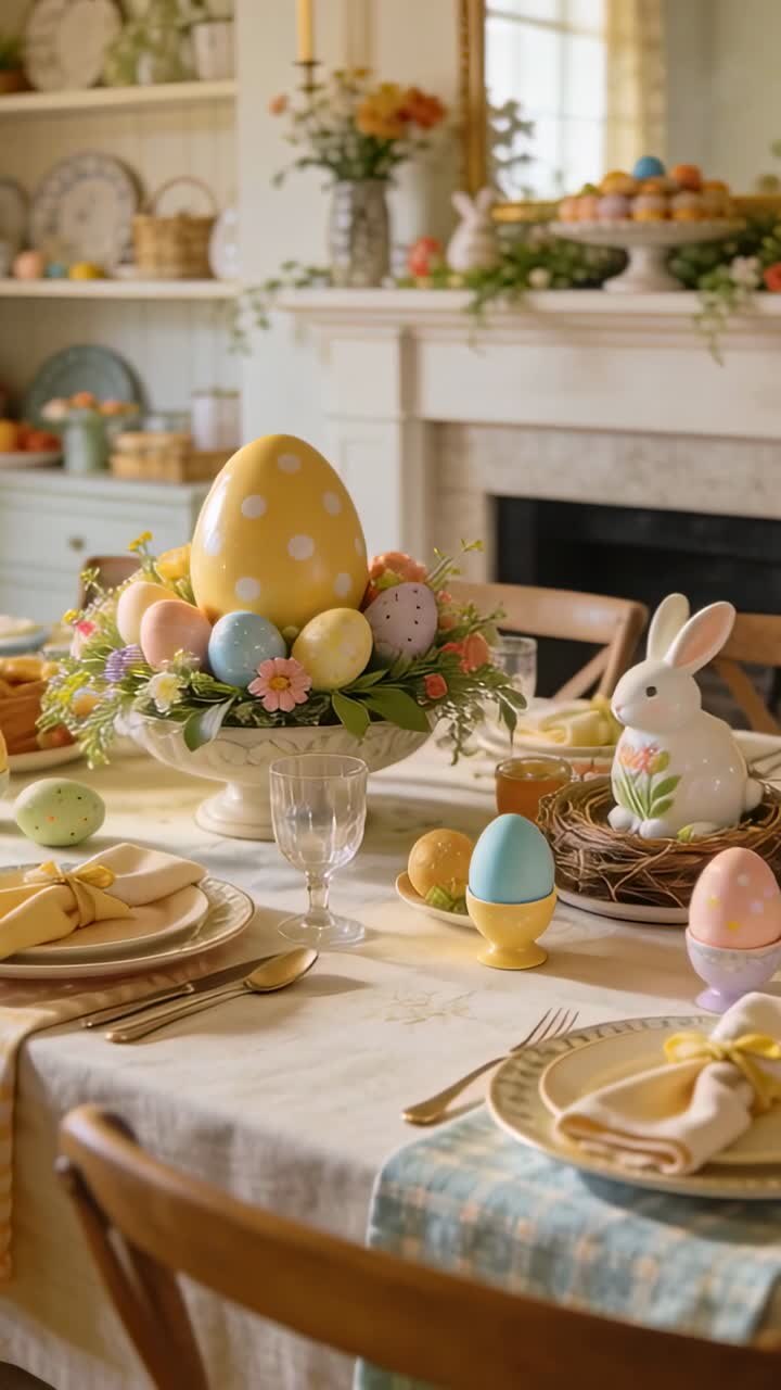 Vertical video: Panning camera across dining room table revealing yellow polka egg for Easter