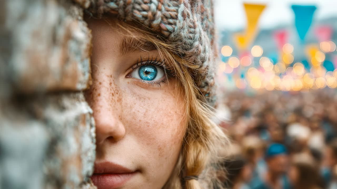 Girl with blue eyes at a fest. Close-up of a girl with striking blue eyes and freckles, enjoying a lively festive atmosphere with colorful decorations