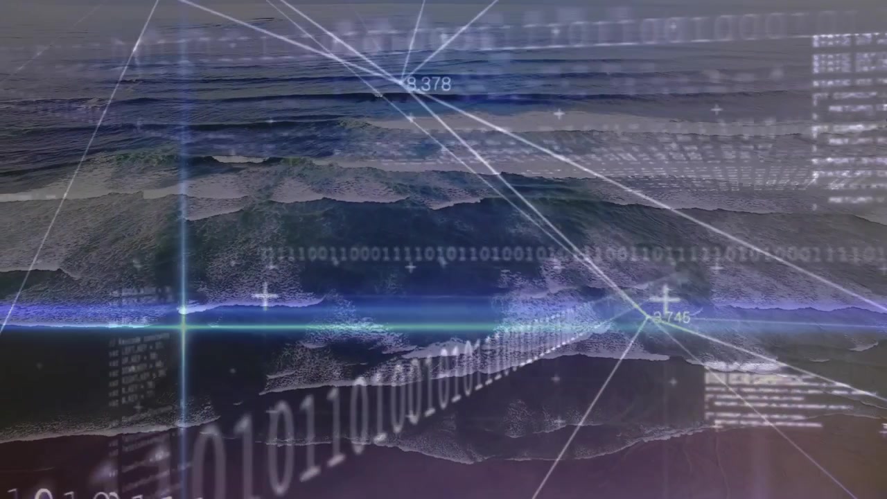 Layered ocean surface filling frame, reacting to tech data feed, pulsing horizon and binary streams