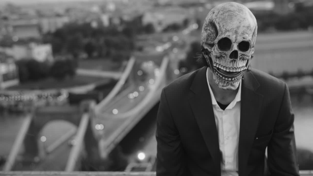 Mysterious Figure in Skull Mask Overlooking City at Night