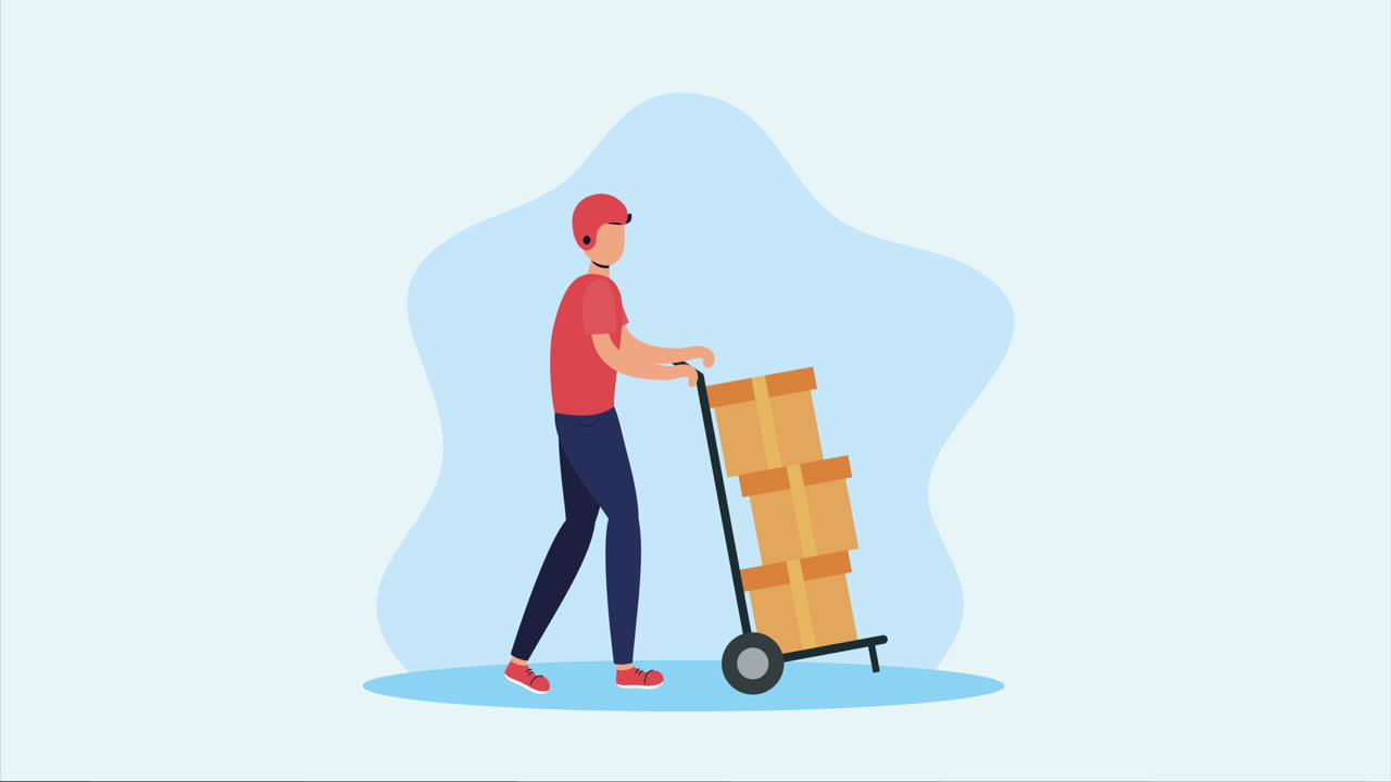 persona de entrega que empuja el carrito con paquetes