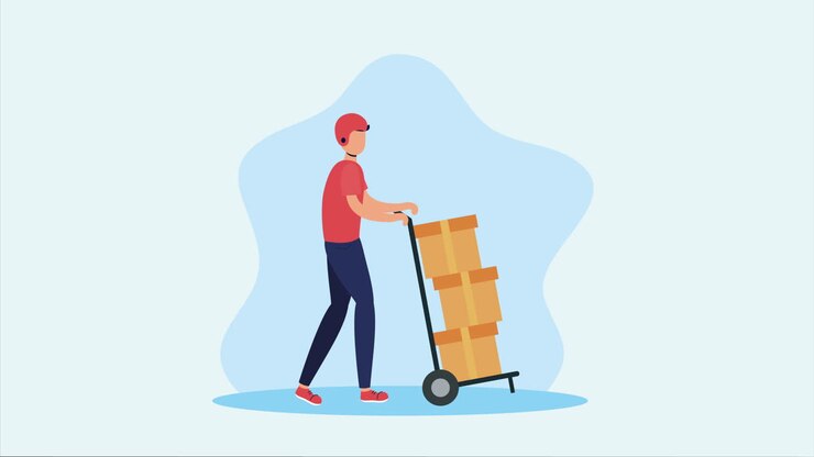 доставщик, толкающий тележку с пакетами