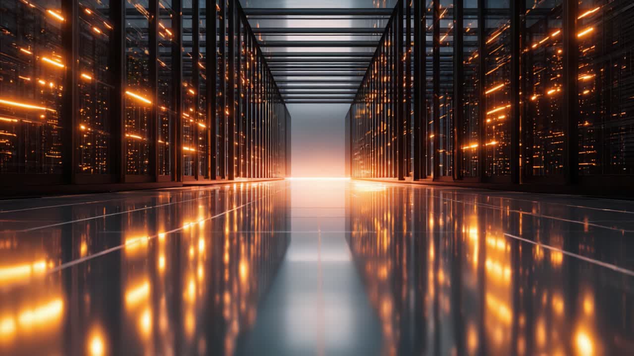 Et futuristisk datacenter med oplyste serverracks, der fremviser avanceret teknologi og konnektivitet gennem glatte refleksioner på det polerede gulv.