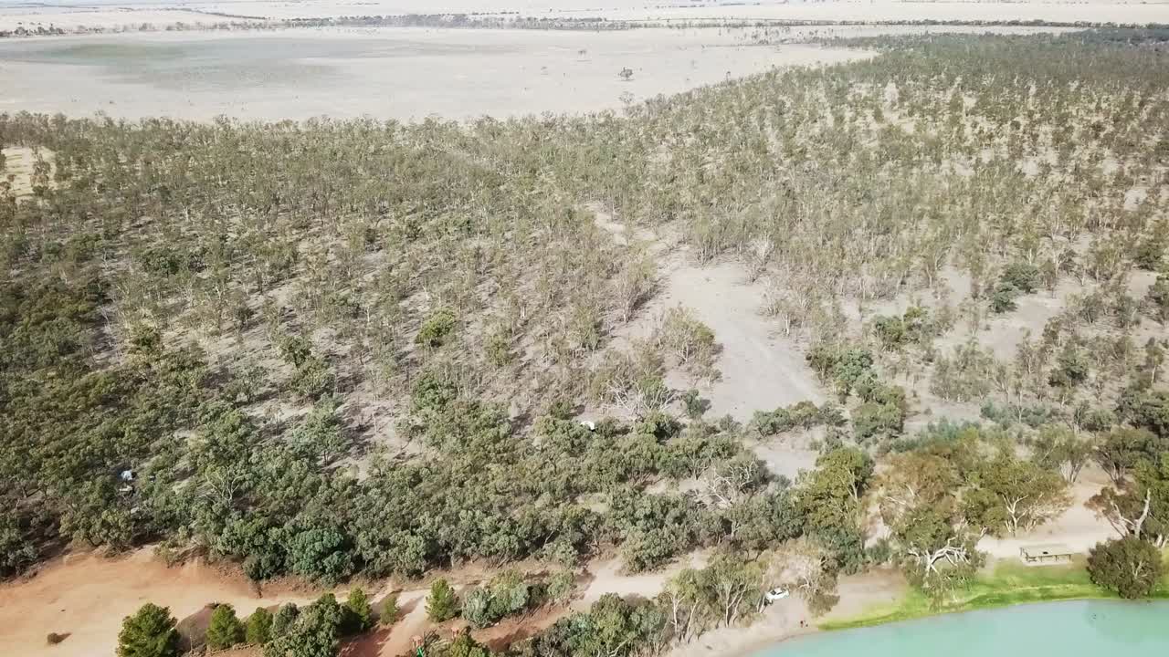 Aerial footage of the forest next to Lake Lascelles and lake Coorong near Hopetoun in north-west Victoria, May 2021.