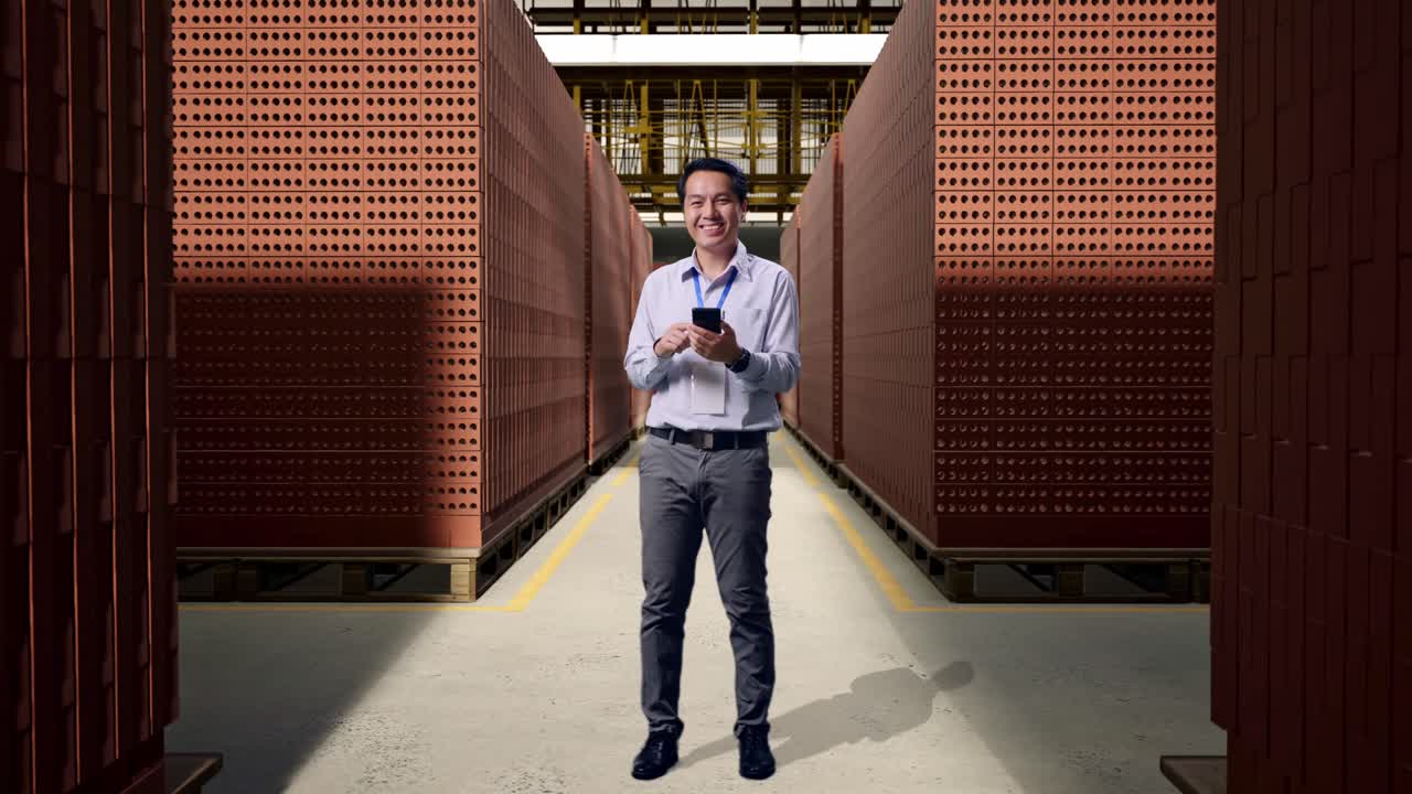 Full Body Of An Asian Male Professional Worker Standing With His Smartphone With Red Brick Packed in Stacks Are Stored, He Is Looking At The Camera With A Smile