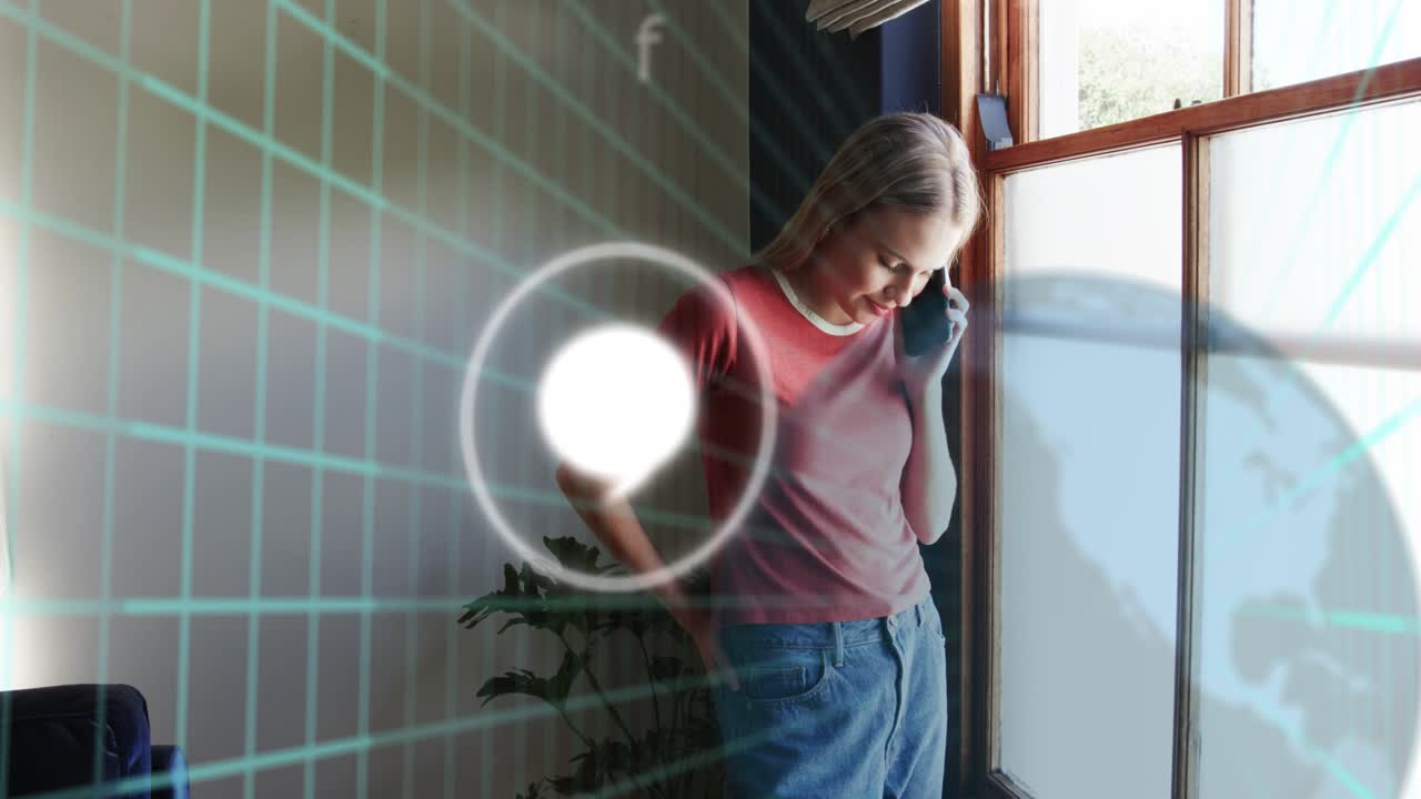 Woman walking to window on phone, speaking while call starting turquoise grid pulsing tech alerts