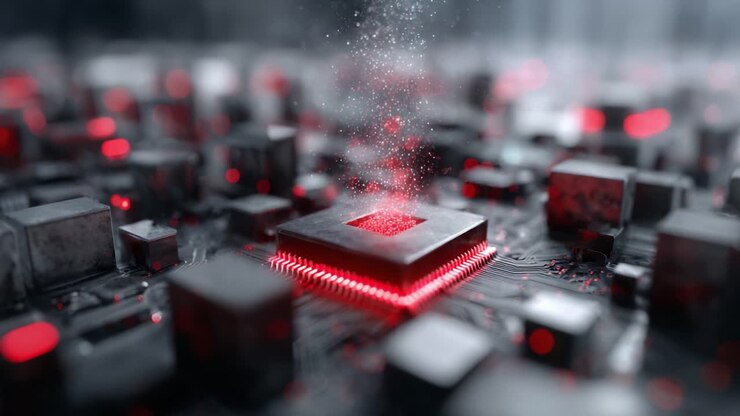 Nærbillede af en Central Processing Unit (CPU) på et printkort, der udsender partikler i et rødt skær, som skildrer avanceret teknologi og innovation