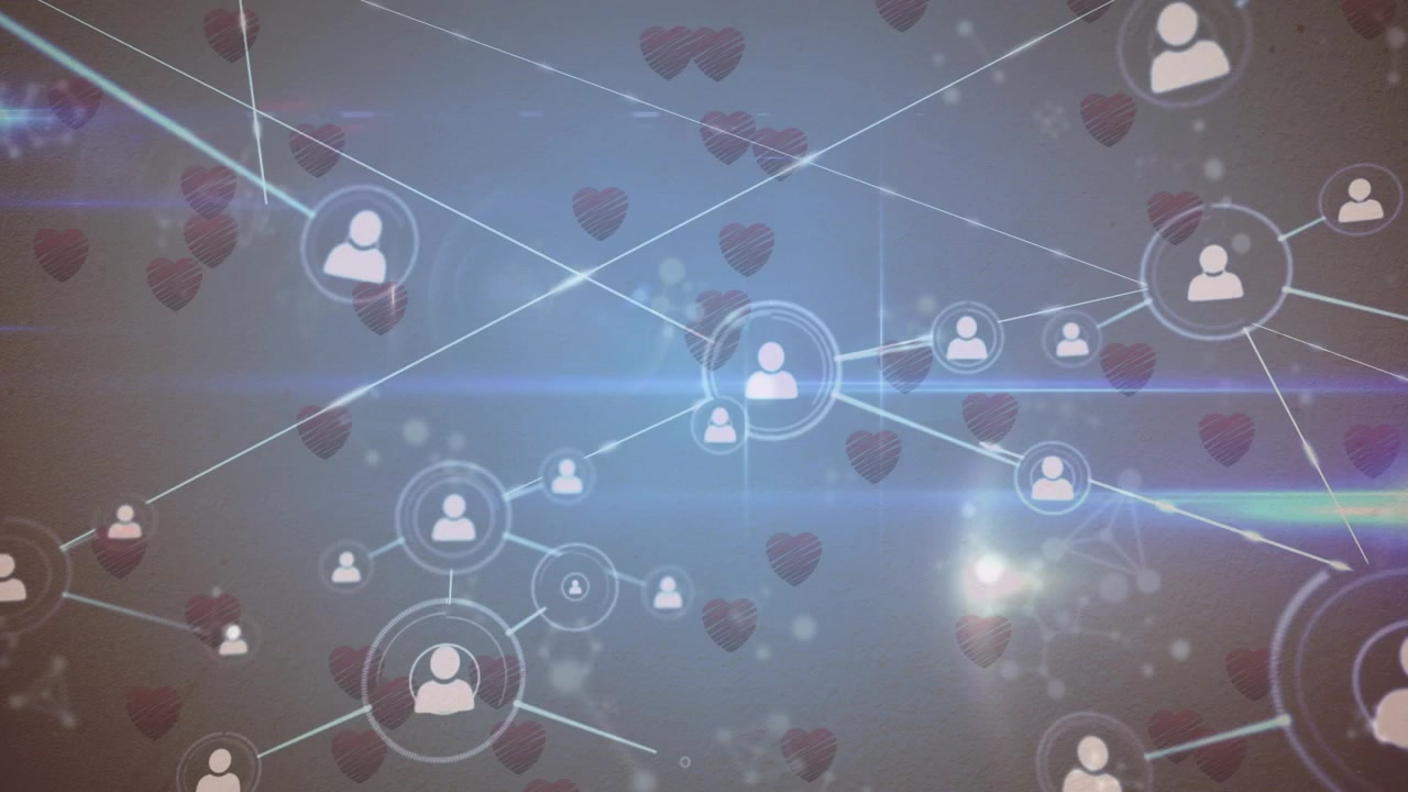 Connessione di rete sociale digitale con cuori fluttuanti