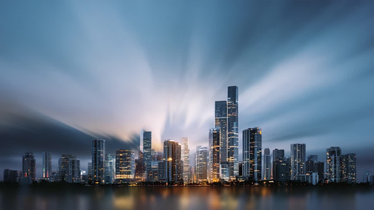 Stunning Transformation of an Urban Skyline at Night with Dynamic Lighting and Extraordinary Architecture Showcasing a Vibrant City Life in Flux