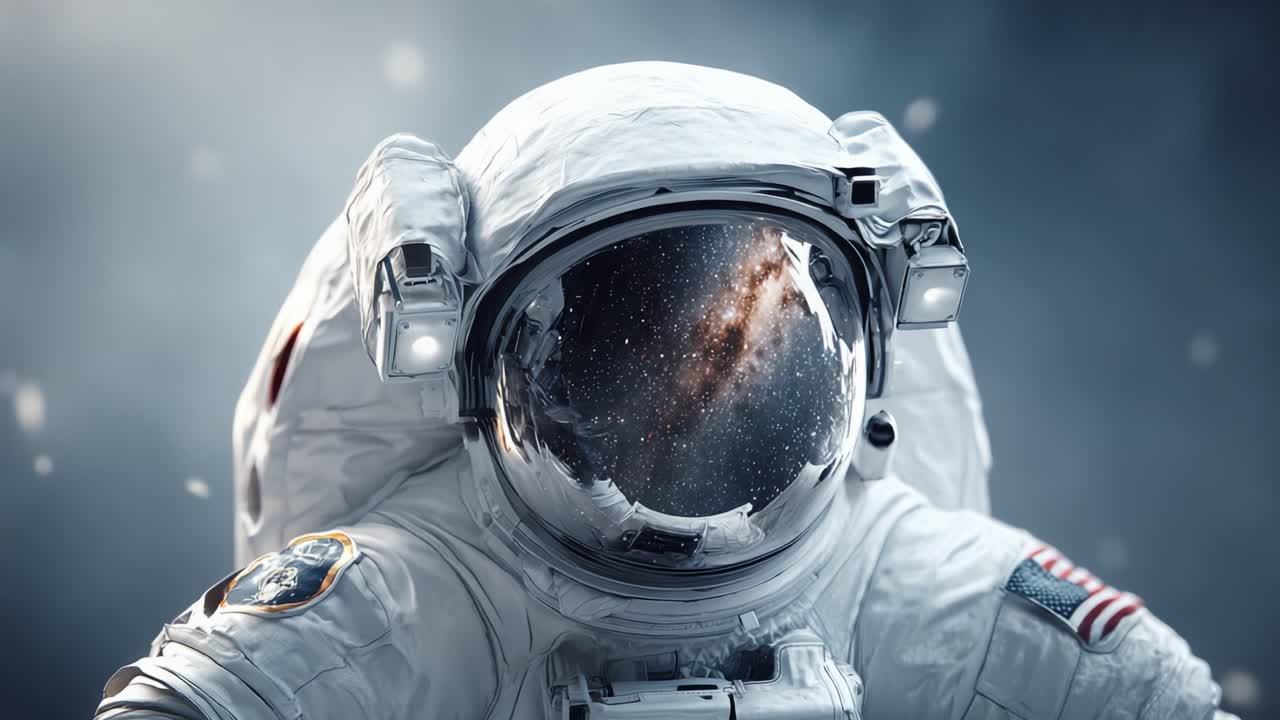Una impresionante representación de un astronauta en un entorno espacial, mostrando el cosmos infinito reflejado en el casco y destacando la belleza y el misterio del universo.