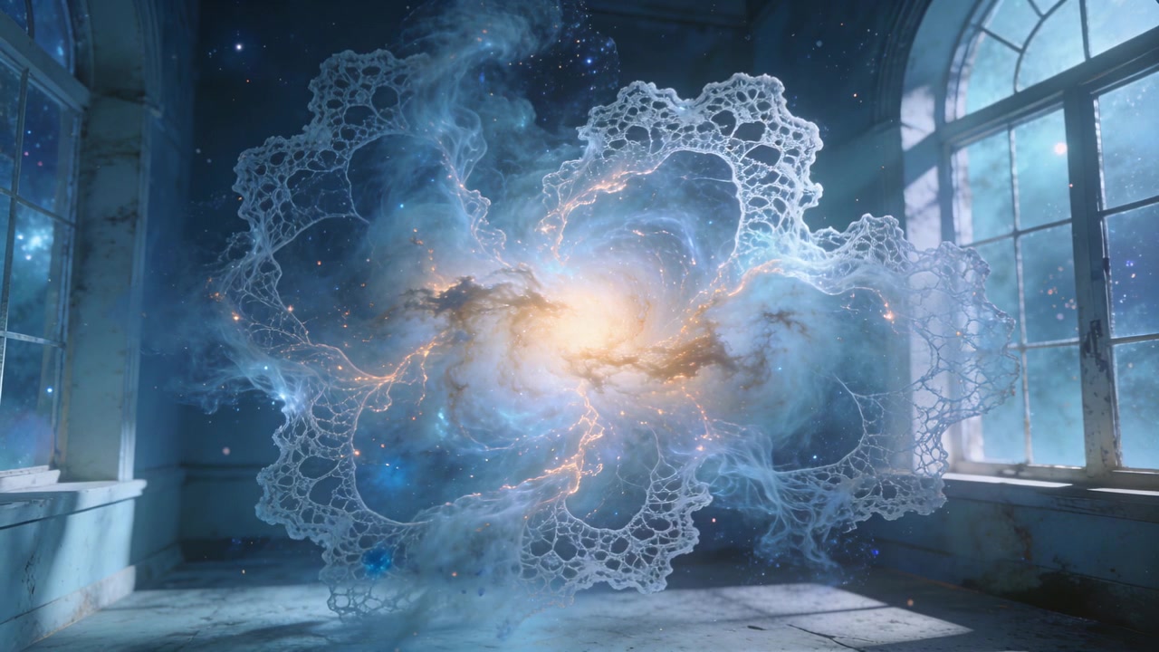Nebulosa frattale che si condensa da una nebbia blu, brilla e cresce all'interno di una stanza alta, con un nucleo ambrato.