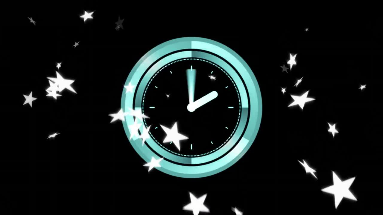 Animation of falling stars and clock over black background