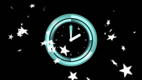 animation of falling stars and clock over black background