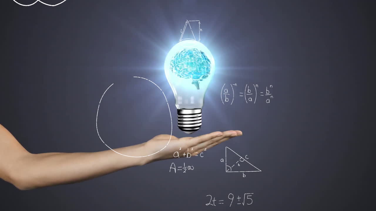Holding glowing light bulb, hand with mathematical formulas and animation in school