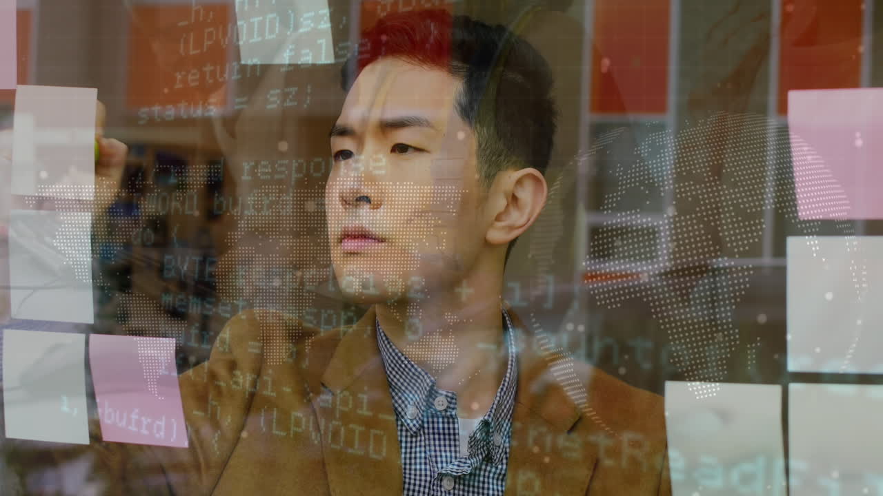 사무실에서 일하는 아시아 사업가에 대한 금융 데이터 처리 애니메이션