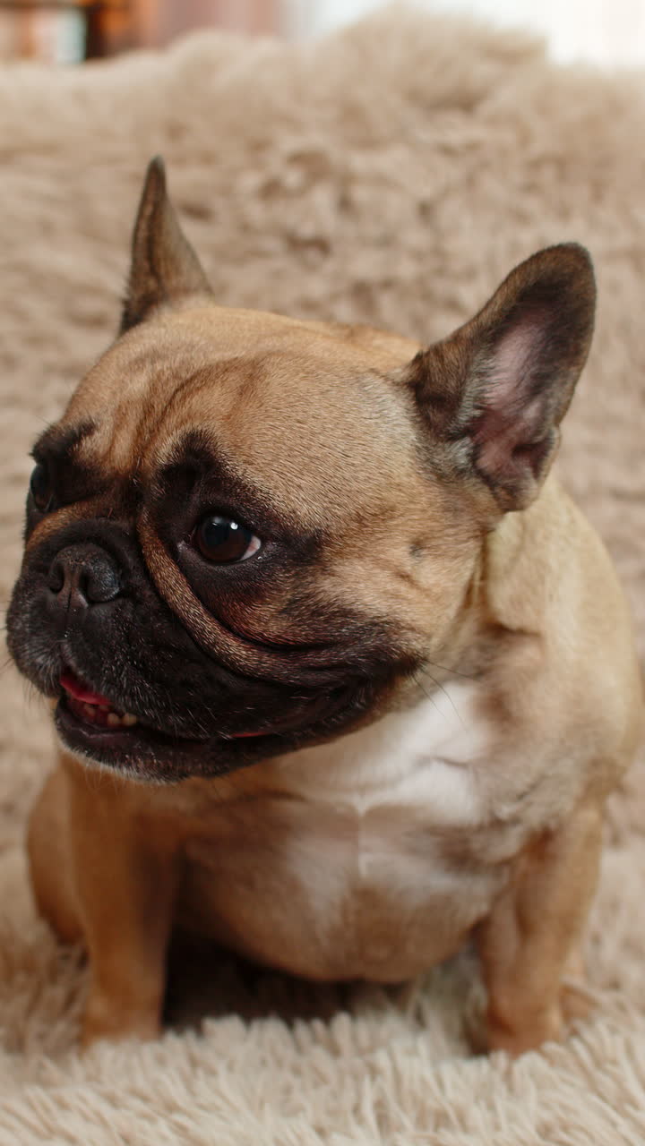 Hand wiping pug dog face with soft wet tissue on sofa gentle cleaning care with calm relaxed pet