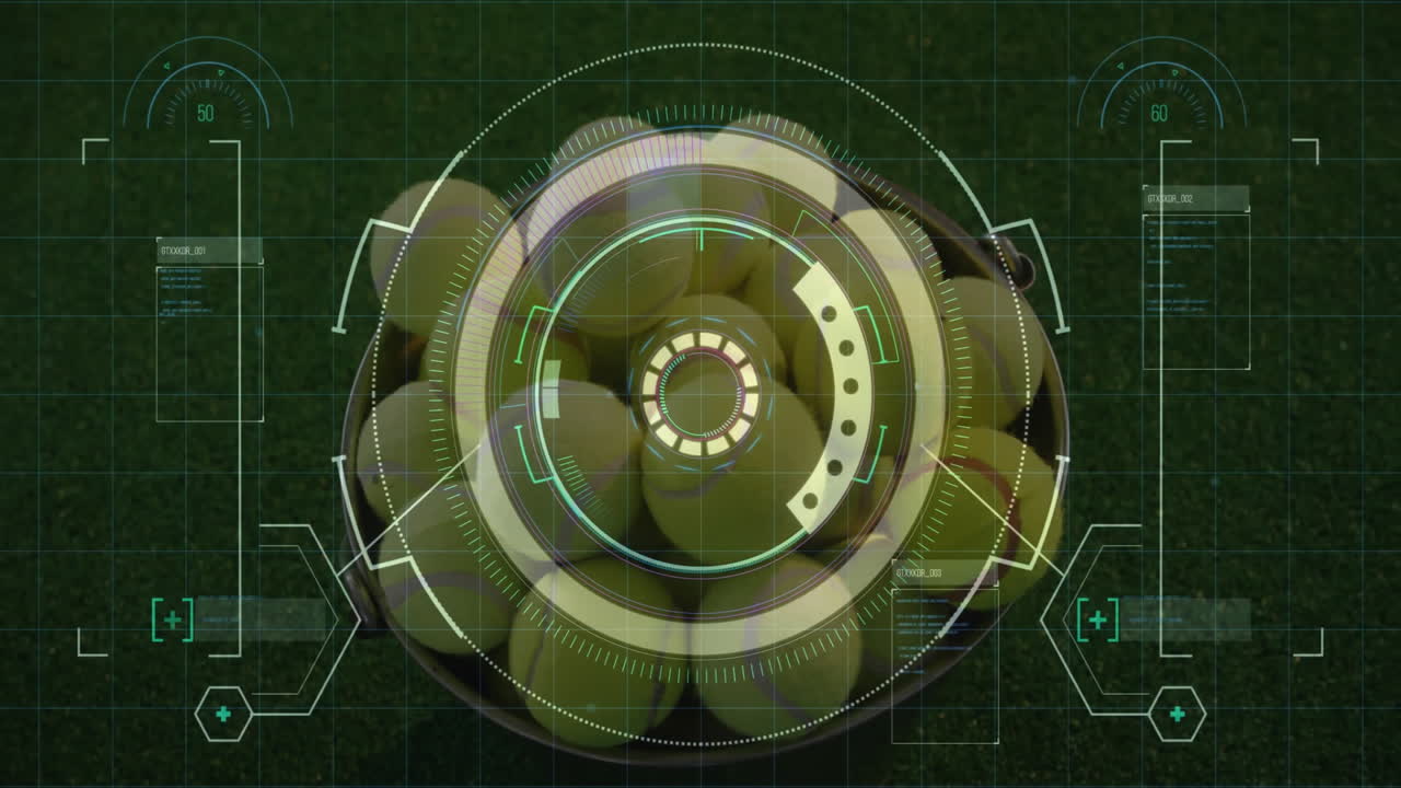 Basket containing yellow tennis balls being visualized under futuristic HUD, with grid and data
