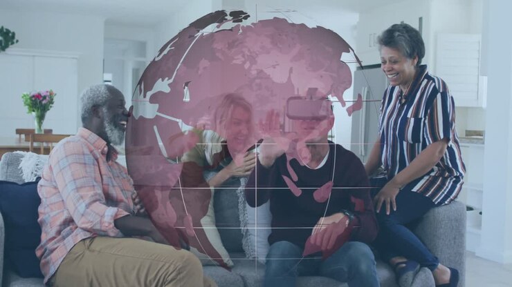 Animation of globe over senior diverse friends using vr headset