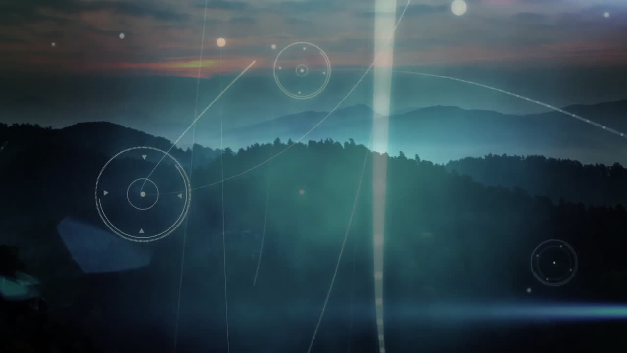 Futuristic digital HUD circle moving over misty mountain ridges at twilight, showing tracking point