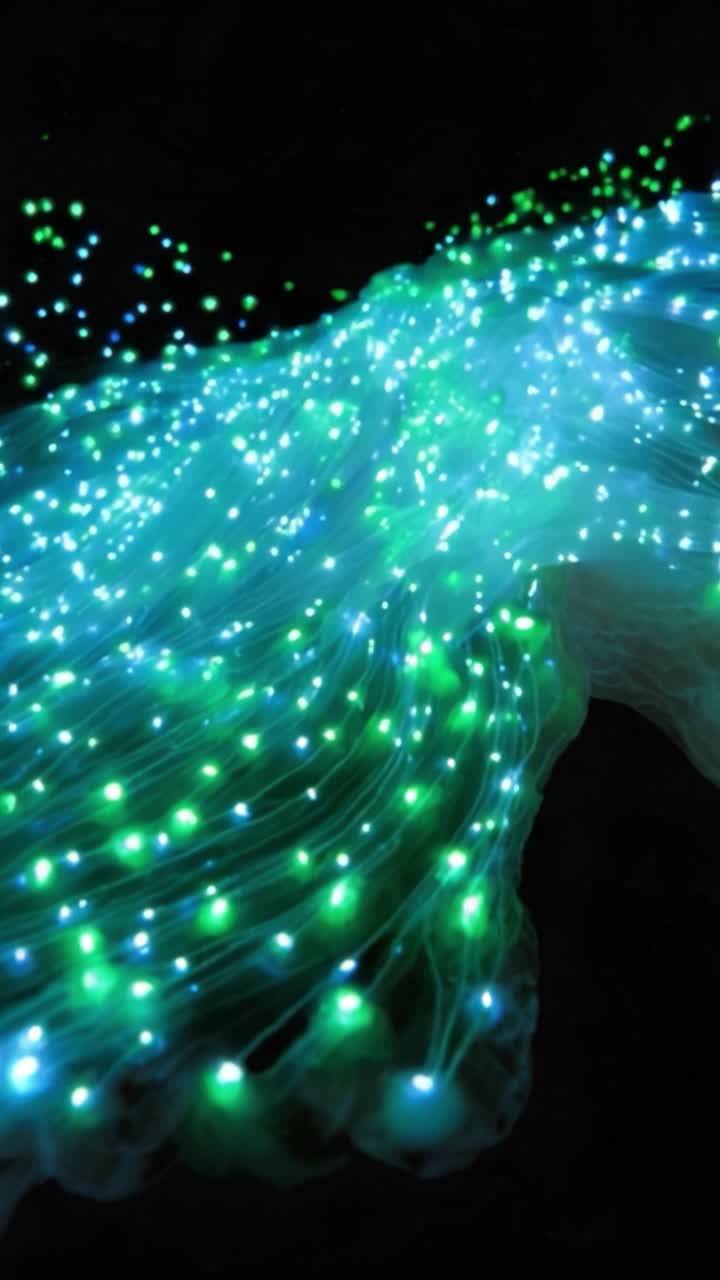 En hypnotiserende udstilling af glødende blå og grønne lys flyder yndefuldt og skaber en betagende visuel effekt i mørke omgivelser, der fanger beskuerens fantasi.