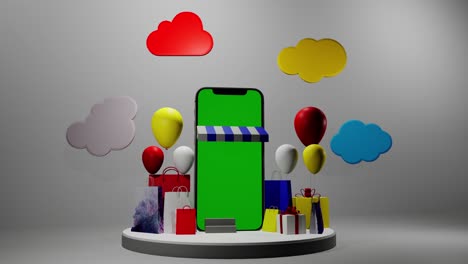 mobile phone showcase with shopping and celebration elements