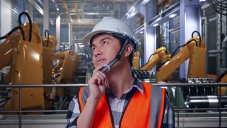 close up of asian male engineer with safety helmet thinking about something and looking around while standing with industrial robotic arms working