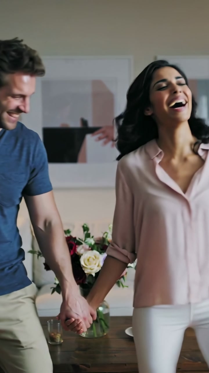 Vertical video: Locking eyes, couple holding hands and laughing at home, man in blue tee, vase
