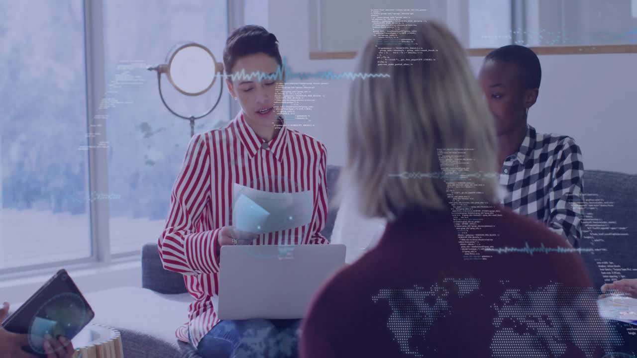 Colleagues analyzing documents on laptop and tablet in business lounge, with animated data charts