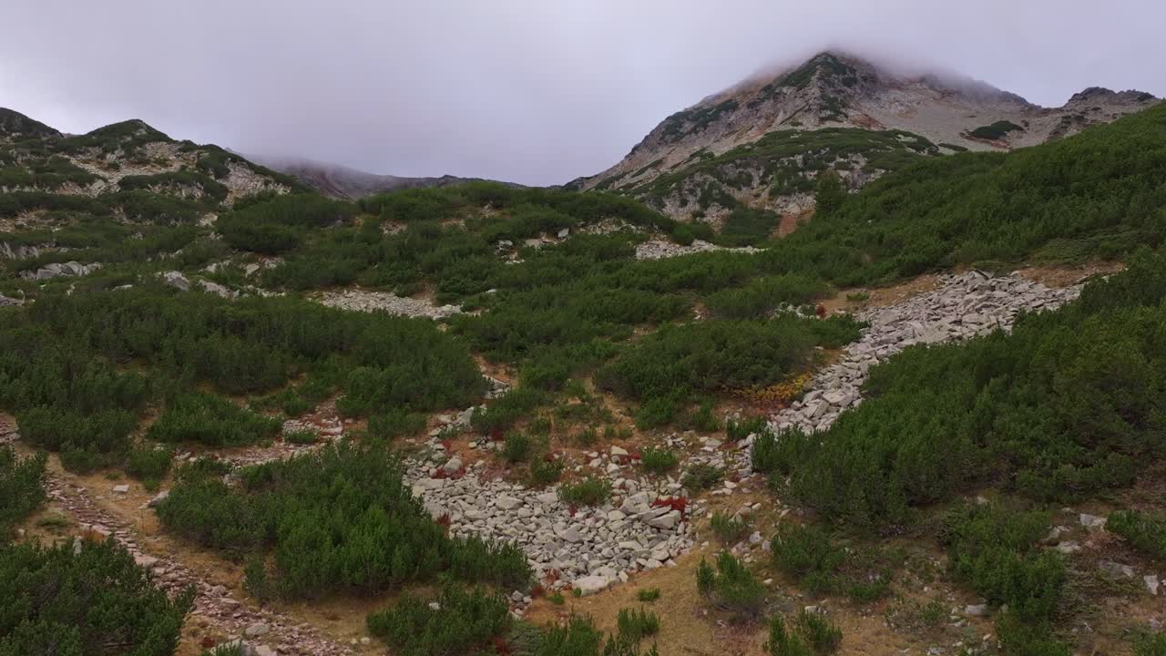 Vista panoramica di un uomo che fa escursioni attraverso la bellezza selvaggia del Pirin, Bulgaria