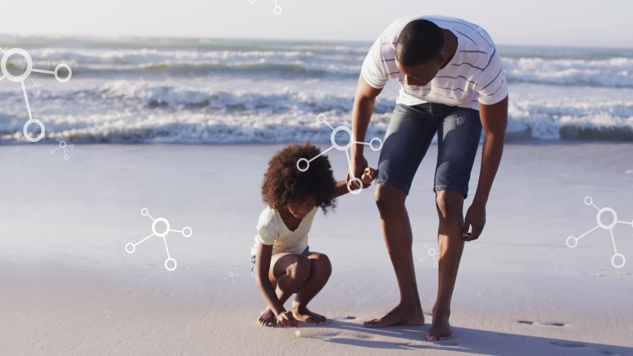 Animazione di molecole su un padre e un figlio afroamericani che raccolgono conchiglie in spiaggia al tramonto