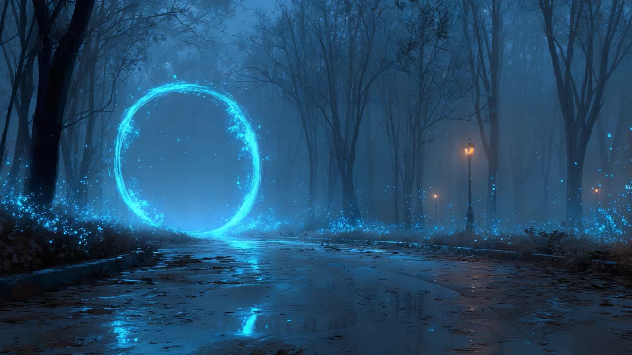 A Mysterious Enigma: A Circular Portal Surrounded by Ethereal Light and Fog in a Twilight Forest, Inviting Exploration and Wonder in a Dreamlike Atmosphere