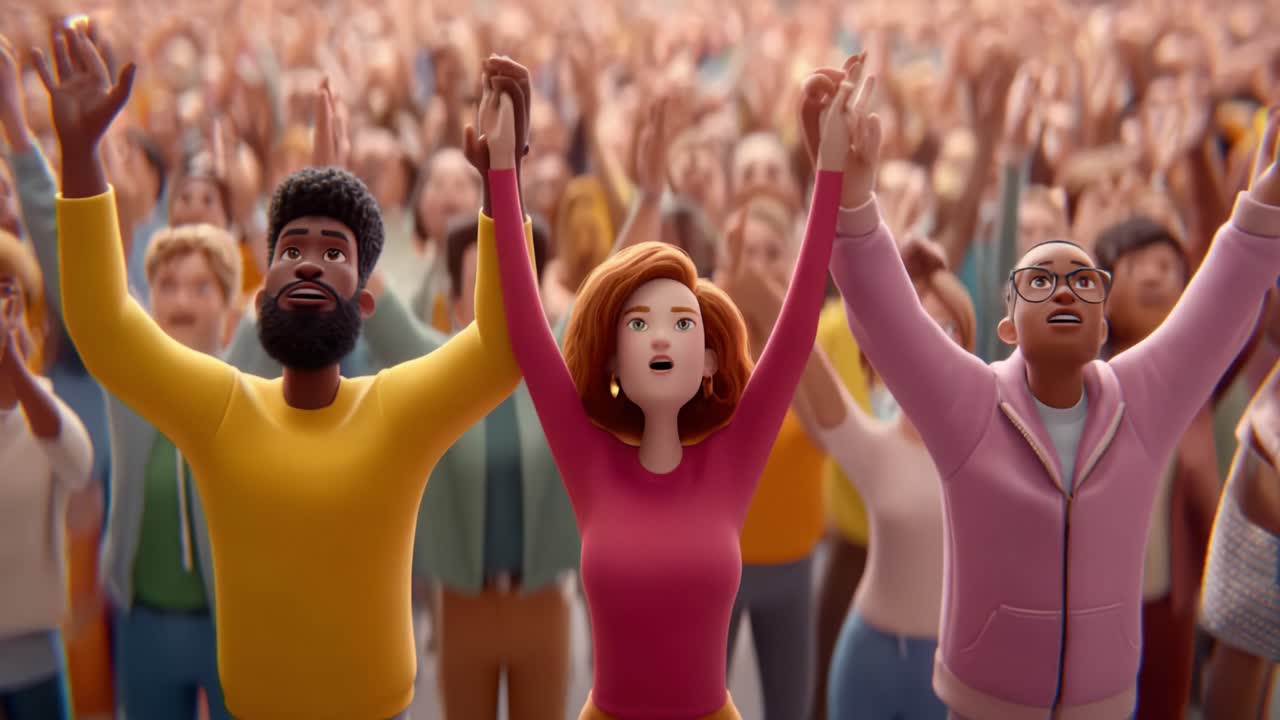 Animated Crowd Participation: Diverse Characters Celebrating Together with Enthusiasm and Unity at an Event, Raising Hands in Joy and Solidarity While Awaiting a Special Moment