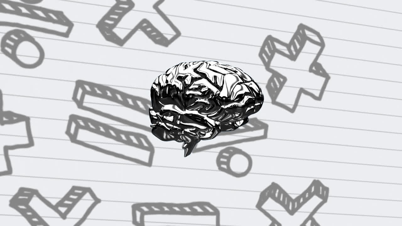 el cerebro girando contra los símbolos matemáticos en papel de línea blanca