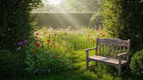 serene garden retreat featuring wooden bench surrounded by vibrant flowers and lush greenery, illuminated by gentle sunlight in a peaceful environment