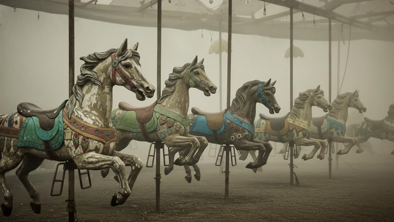 Ethereal Carousel: A Hauntingly Beautiful Display of Vintage Horses Enveloped in Misty Atmosphere Capturing Nostalgia and Abandonment
