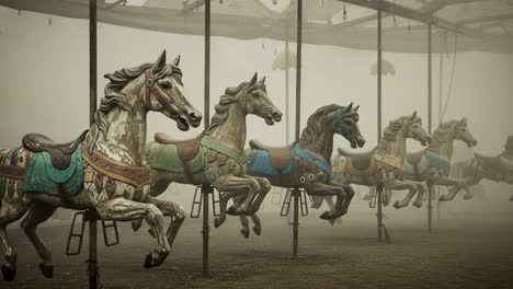 ethereal carousel: a hauntingly beautiful display of vintage horses enveloped in misty atmosphere capturing nostalgia and abandonment