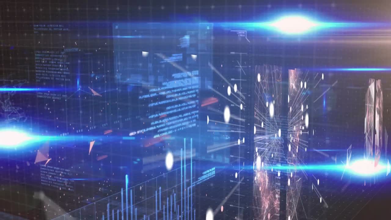 파란색 배경 위의 데이터 처리 및 조명의 애니메이션