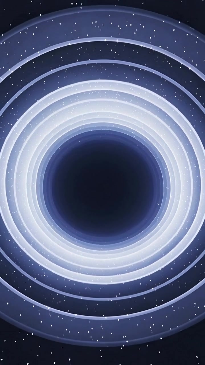 Video verticale: Anelli pulsanti che si stringono attorno a un nucleo scuro in verticale, con particelle luminose.