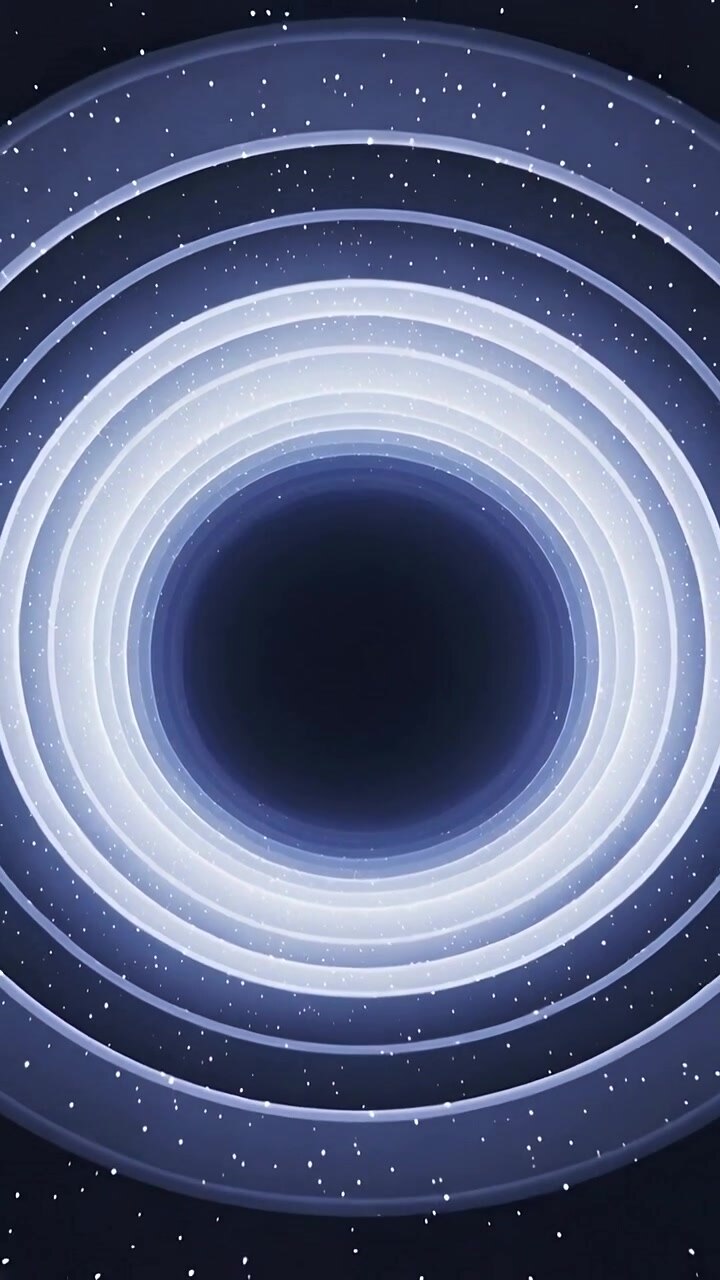 Video verticale: Anelli pulsanti che si stringono attorno a un nucleo scuro in verticale, con particelle luminose.