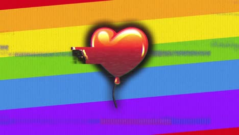 Animation-of-heart-with-glitch-on-rainbow-background