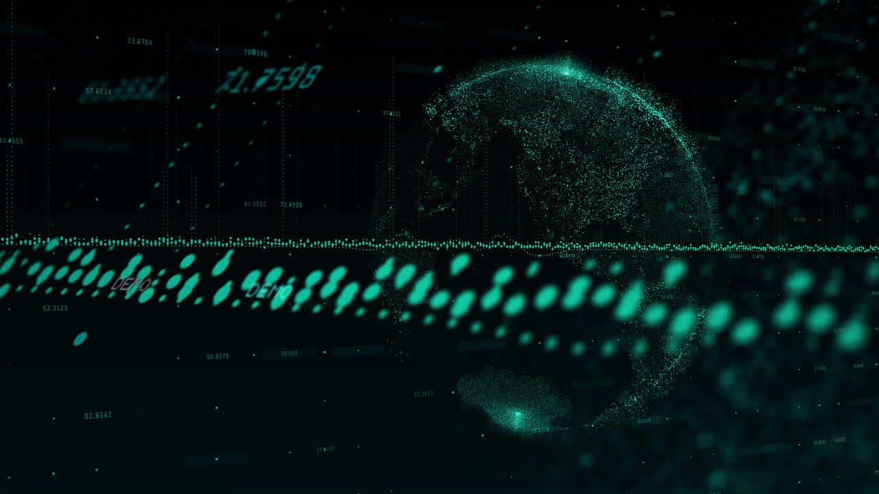 Neon green digital globe rotating in dashboard, streaming glowing data dots and numeric visuals