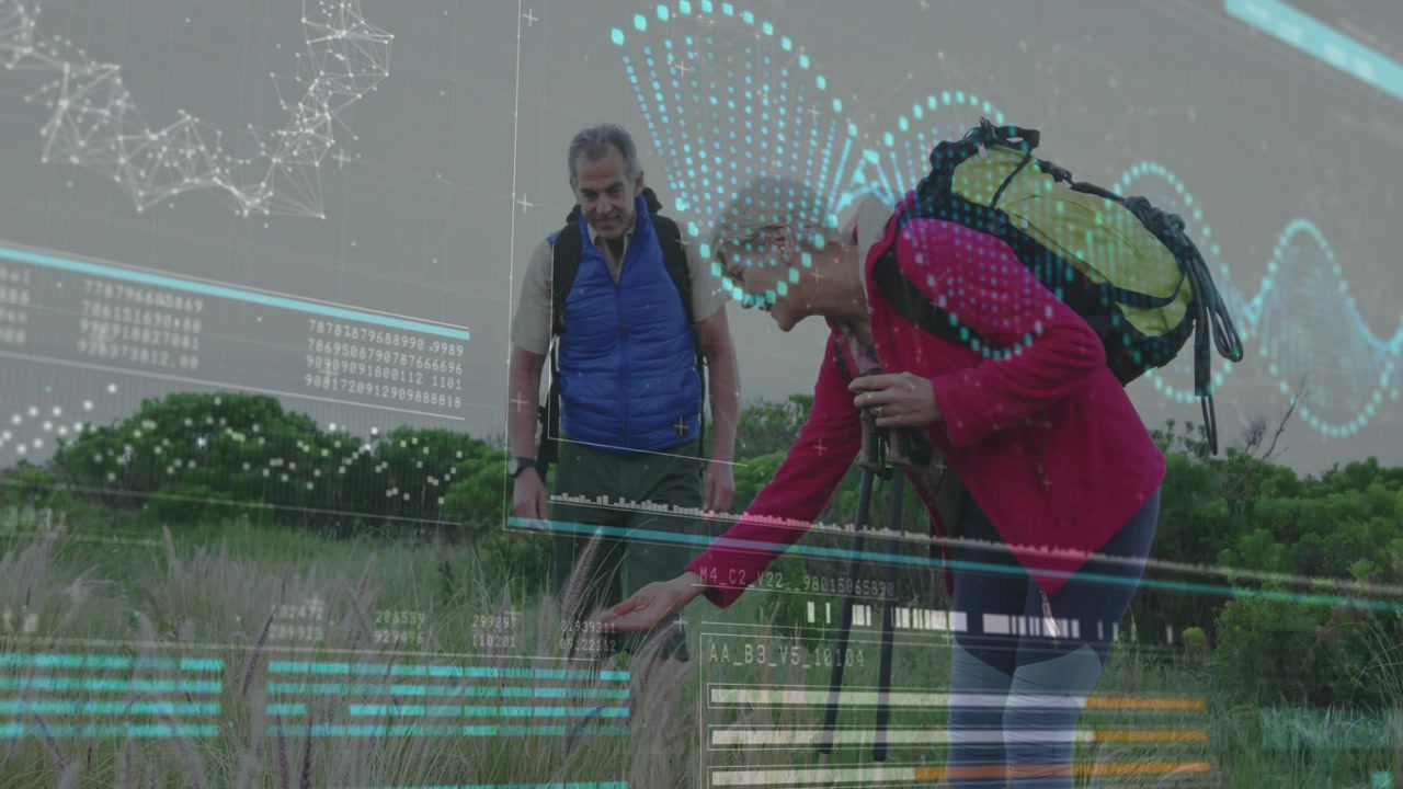 Woman seeing marker, leaning, checking with pole, transparent overlay showing helix bars stats tech