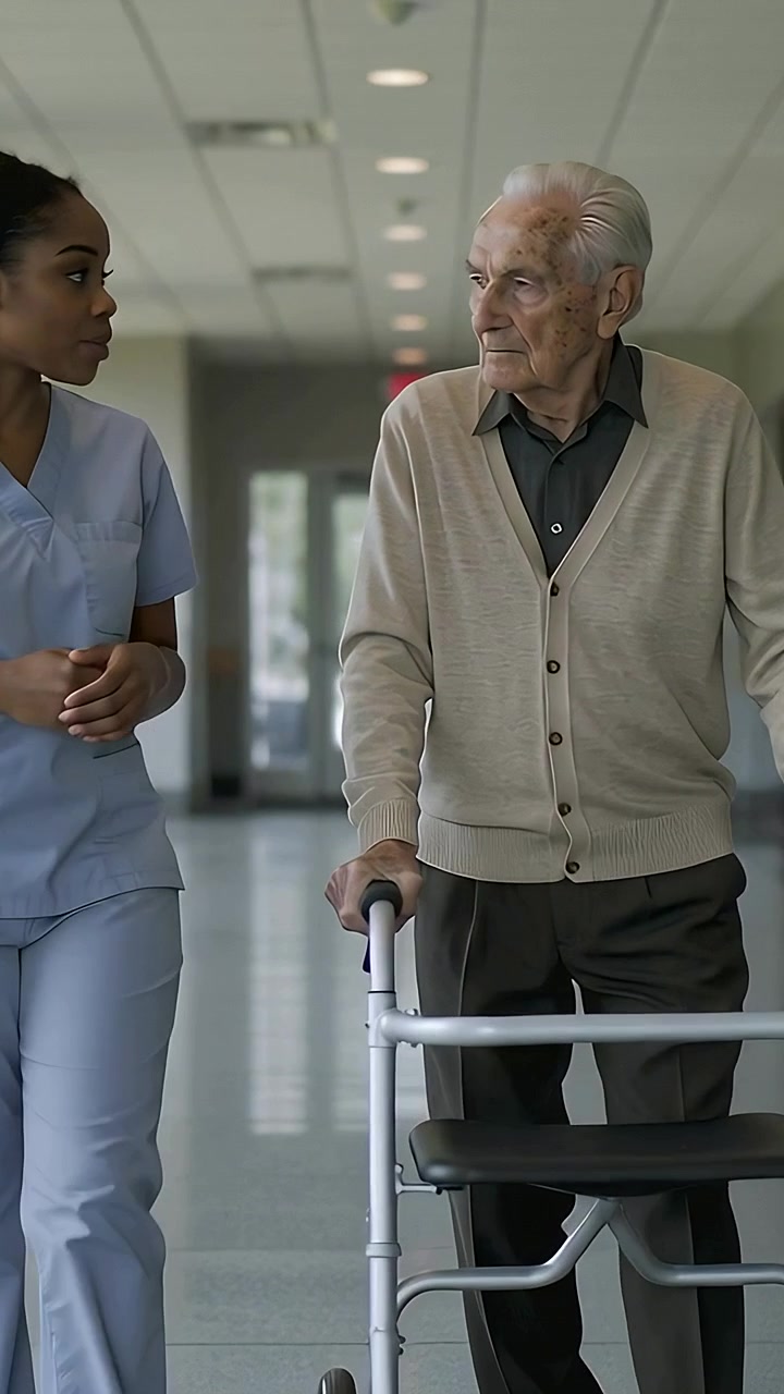 Vertical video: Walking nurse in scrubs with senior using walker in hall starting chat heading out